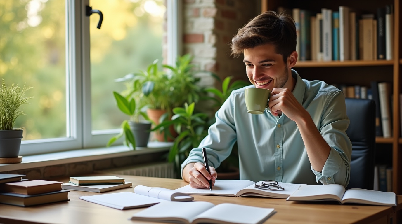Illustration d'un étudiant utilisant de la L-théanine pour améliorer sa mémoire.